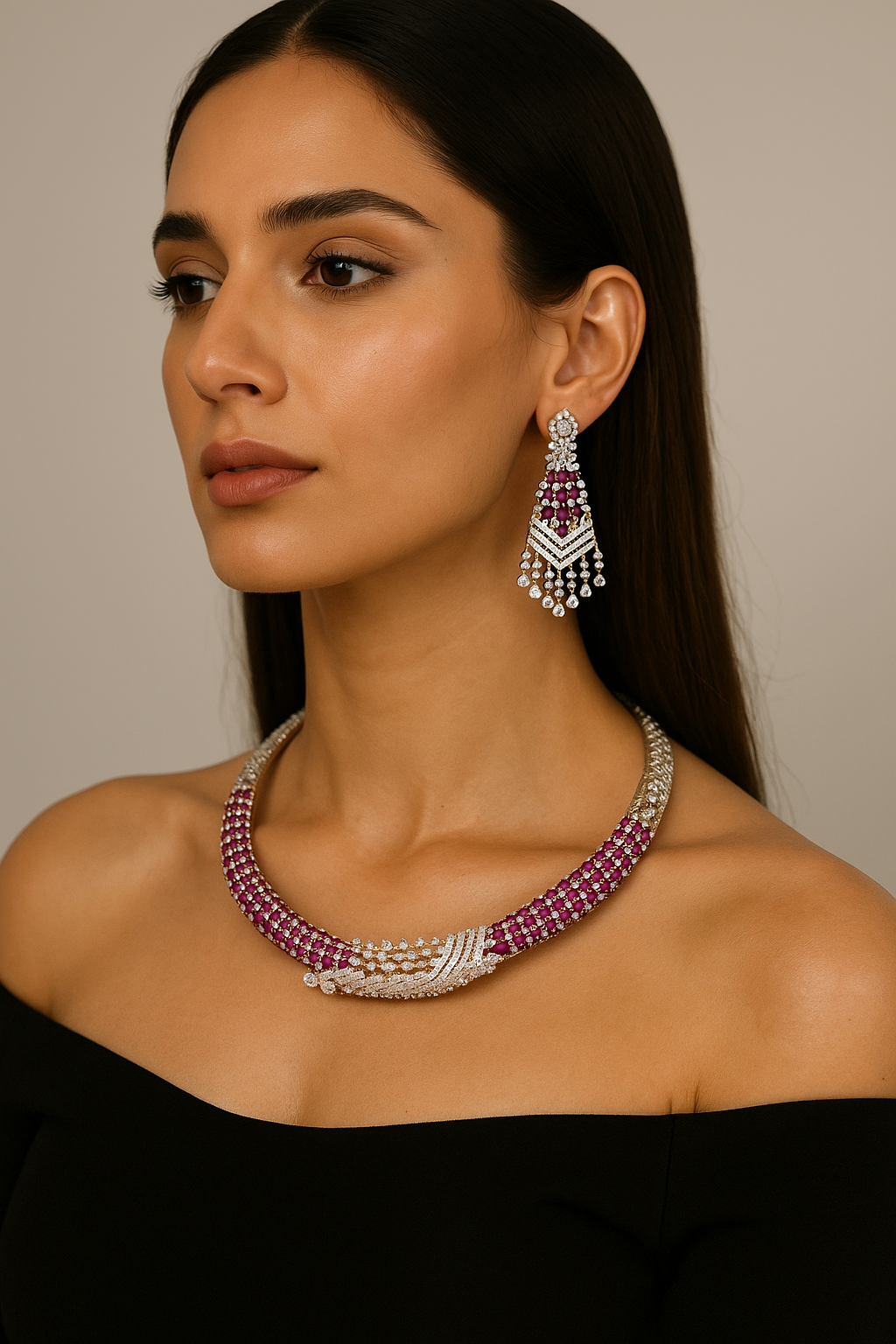 Ruby & Diamond Choker Necklace Set with Long Earrings – Luxury CZ Jewellery
